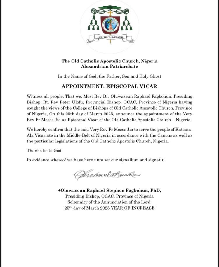 Appointment of Episcopal Vicar to OCAC Nigeria 25th March 2025 Appointment of Episcopal Vicar to OCAC Nigeria 25th March 2025