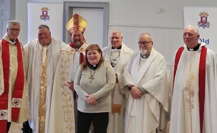 L-R: Revd David Lindsay, Fr Lee Edworthy, Bishop Adrian, Bishop Elaine of the Cross Denominational Mission, Fr David Knipe, Revd. Ken Thomas & Fr Alan Hawley