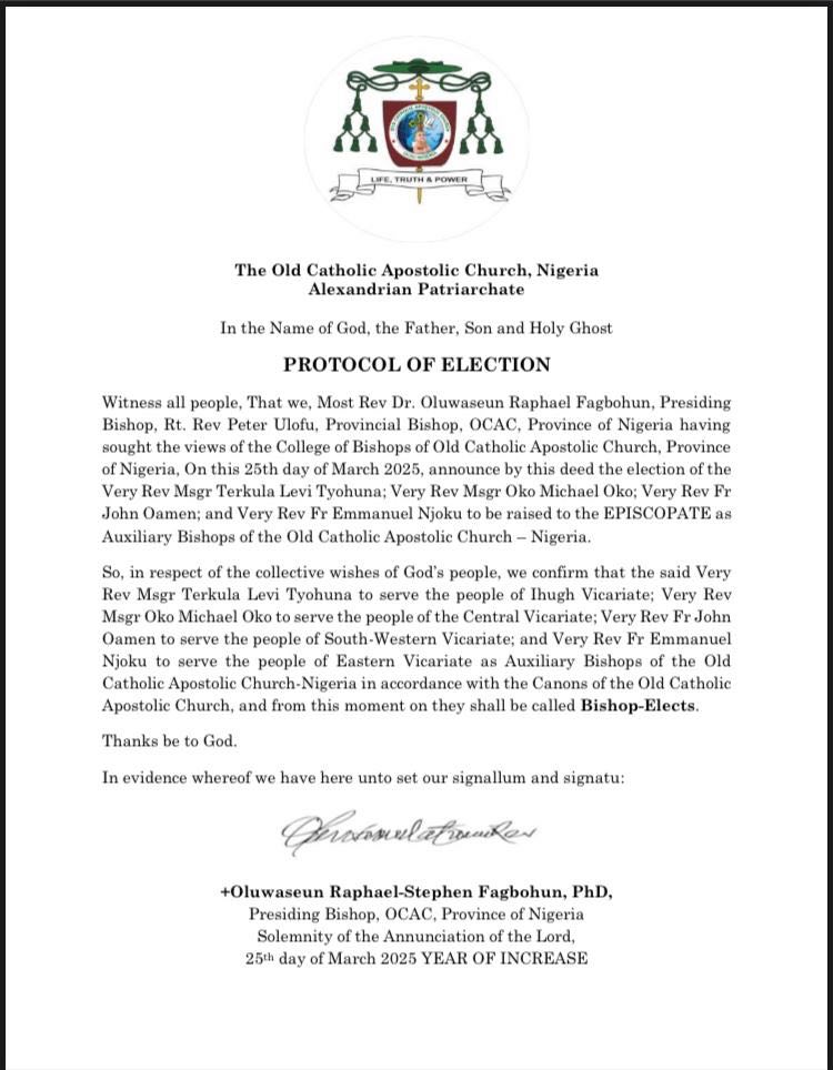 Protocol of Election to Vicariates of OCAC Nigeria 25th March 2025 Protocol of Election to Vicariates of OCAC Nigeria 25th March 2025